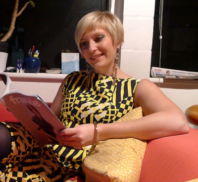 Designer Mariska Thynne wearing her own tailored yellow patterned cotton dress