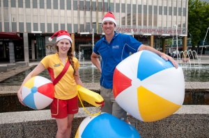 Lifeguard Dana Simonsen with Royal Life Saving ACT's executive efficer Sean Hodges at the launch of Christmas Carnival in the City.SNB_7761