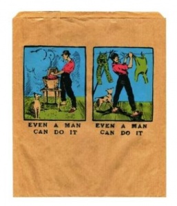 Alison Alder, “Even a Man Can Do It” (1981) screen print, paper bag