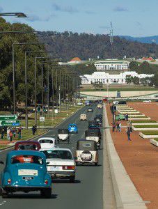 The Morris 100 Canberra Centenary tour heads down Anzac Parade.