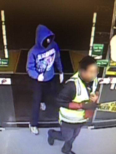 A CCTV image of a man who robbed a Spence service station with a knife this morning.