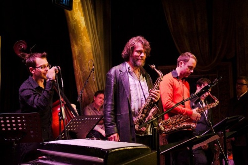 Saxophonist-composer John Mackey, centre,... has written a slap-up “Canberra Centenary Suite” for performance by his old mates from Sydney. Photo by Brian Stewart
