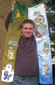 Cartoonist Paul Dorin with his Geoff Huegill jeans.