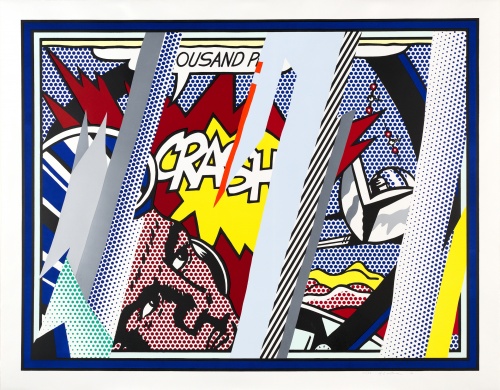 "Reflections on Crash", 1990, lithograph, screenprint, collage, embossing. 