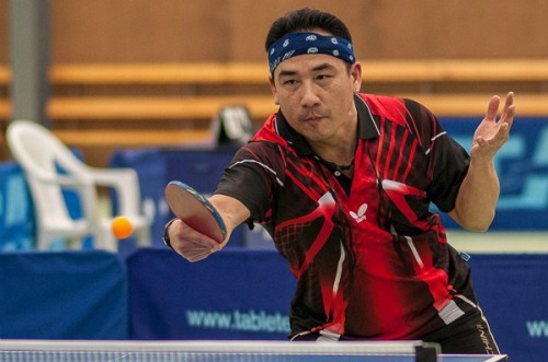 Michael Louey on his way to gold at the ACT Table Tennis Open Championships on Sunday.