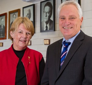 Former Canberra High School principal and convenor of the archives team, Helen Burfitt with current principal Phil Beecher. Photo by Brent McDonald 