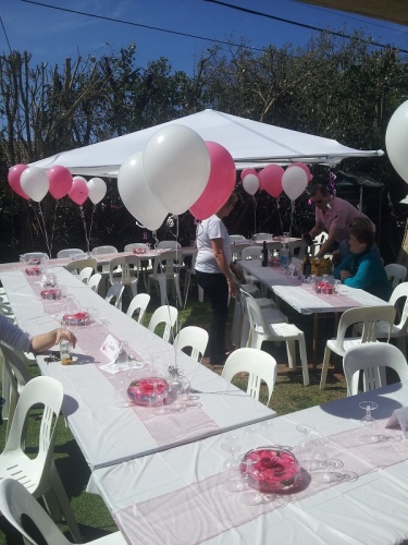 Bianca and Matt Parker's Downer backyard decorated with pink and white balloons. 
