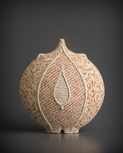 Avital Sheffer’s “Lagynos I,” hand-formed, glazed, printed earthenware, at Beaver Galleries.