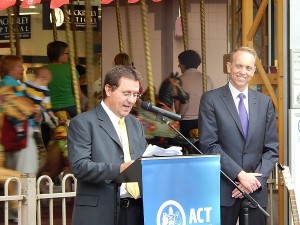 Australian Railway Historical Society ACT general manager Alan Gardner, left, with Simon Corbell.