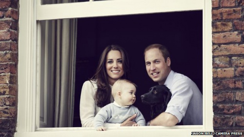 The Duke and Duchess of Cambridge with their son Prince George and dog Lupo, photographed at Kensington Palace, March 2014. Also pictured their dog Lupo. Photo by Jason Bell, Camera Press