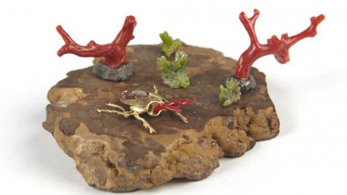 Sheridan Kennedy Boulder Beetle and its World 2005, 2011 Boulder opal, coral, prehenite, silver &  18ct gold