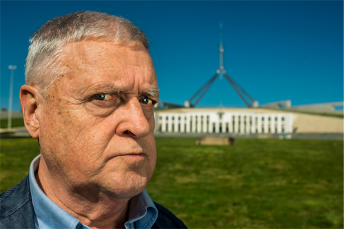 Max Gillies at Parliament House… “When you are younger your face is more pliable, but at my age, playing Julia Gillard was grotesque.” Photo by Gary Schafer 