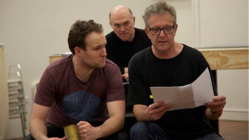 Douglas Hansell, Phillip Scott and Jonathan Biggins rehearse “Open for Business”. Photo by Grant Sparkes-Carroll.