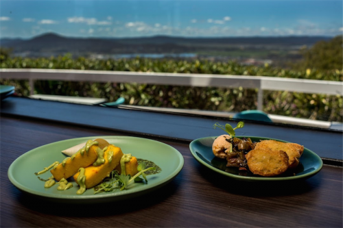 Food with a view… Safron polenta chips with sorrel aioli, left, and  salmon rillete with eggpalnt caponata and rustic bread. Photo by Gary Schafer