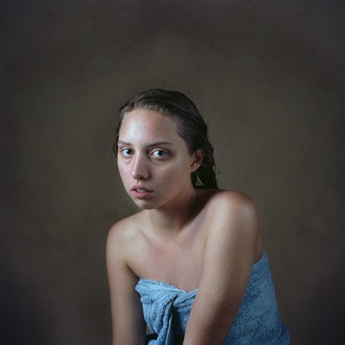 Clare after a shower, 102x102cm Inkjet print from photographic negative, by Madeline Bishop