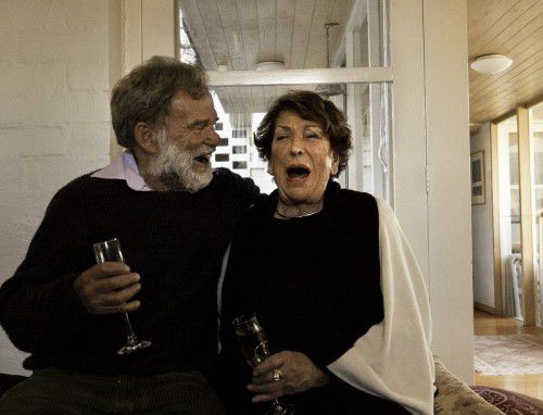 Joy Warren enjoys a joke with Sebastian Clark, photo Judith Crispin