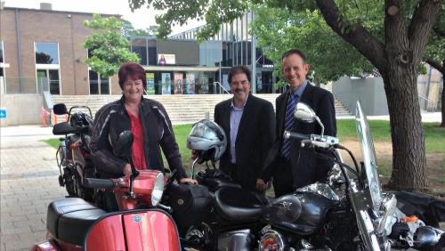 Minister Rattenbury is pictured with Ron Collins, NRMA ACT Corporate Affairs, and Jen Woods, President of the Motorcycle Riders Association