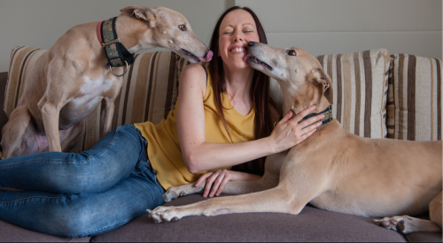 Natalie Stirling with her two pet greyhounds… “Greyhounds are easy to look after, don’t take up much space and love snuggling up on the sofa.” Photo by Holly Treadaway 