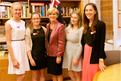 Country to Canberra organiser Hannah Wandel, right, and her essay winners with Foreign Minister Julie Bishop. From left,  Hannah Worsley , Libby O'Brien, Ms Bishop and Vesna Clark.