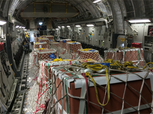 Tonnes of Red Sandstone anchored aboard an RAAF Boeing C17 Globemaster heading to Wellington.