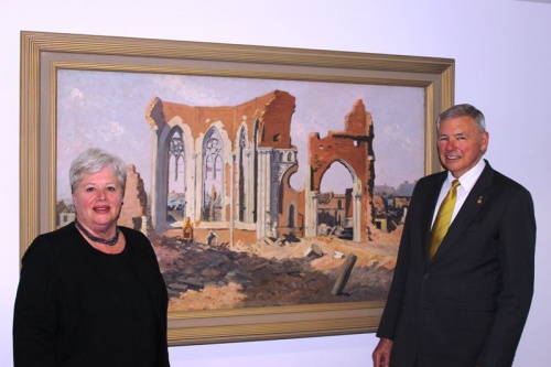 Speaker Vicki Dunne and Rear Admiral Ken Doolan AO, RAN (Ret’d), chair of the AWM Council with Longstaff’s painting “Villers-Bretonneux, ruins of the church”.  