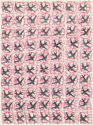 Miriam Stannage     8.46 a.m. (11 Sept. 2001) 2002     relief prints, printed by hand in colour inks, from artist designed rubber stamps     76.6 x 56.8 cm (printed image)     National Gallery of Australia, Canberra     Gordon Darling Australia Pacific Print Fund, 2010 