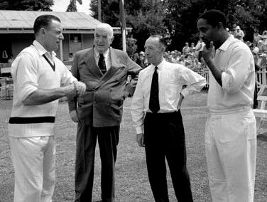 PM's XI in the '50s... from  left, Ray Lindwall, Prime Minister Robert Menzies, Lindsay Hassett and Frank Worrell.