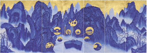 “Yao’s Journey to Australia” 2015, by Yao Jui-chung (Taipei) in Biro, blue ink and gold leaf on Indian handmade paper. 