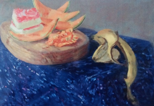 Janet Dawson, ‘Melon slices on a board with banana skin’, 1988