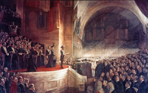 Opening of the First Parliament of the Commonwealth of Australia by H.R.H. The Duke of Cornwall and York (later H.M. King George V), May 9, 1901 painted Melbourne 1901–02, finished in London, 1903 oil on canvas, Royal Collection, presented by the Commonwealth in 1904, on permanent loan to Parliament House, Canberra.