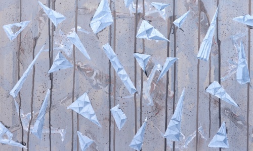 Black Rain on a White Wall - Remember Sadako and 1,000 Cranes (detail). Keith Bailey 2015. Acrylic and oil on canvas. 