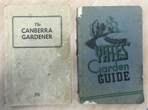 Covers of the “Yates Garden Guide” from 1944 and the first edition of “The Canberra Gardener” from 1948. 