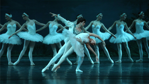 Prince Siegfried with Odette, the white swan, in the Russian National Ballet Theatre’s production of “Swan Lake”.