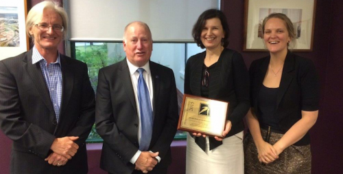 Yarralumla Nursery wins the National Trust Award, from left, nursery general manager Chris Ware, Minister Mick Gentleman and from GML Heritage, Rachael Jackson and Bethany Lance.
