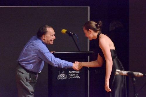 Magdalenna Krstevska receives the award from Professor Sitsky, photo Peter Hislop