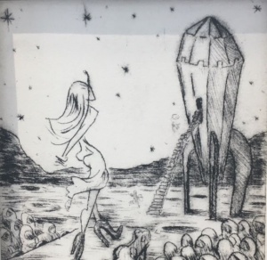 "Moon Parade," 10x10, drypoint print on hahnemuhle paper