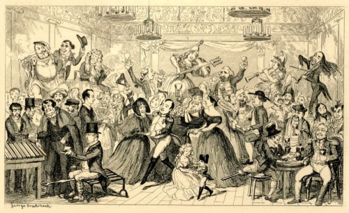 The waxworks art Madame Tussaund's engaged in a ball, printed by George Cruikshank, 1847, London.