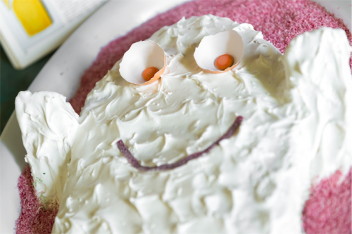 The Friendly Ghost cake with its eggshell eyes, marshmallow icing and pink coconut. 