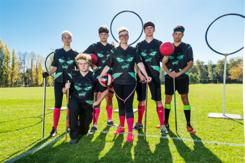 Quidditch players, from left, Sophie Fitch, Bradley Taylor, Oscar Cozens, Merryn Christian, Logan Davis and Daniel Fox... “The thing I love about quidditch is that you have to be a quick thinker – you need a good brain more than athletic skill,” says Merryn. Photo by Andrew Finch 