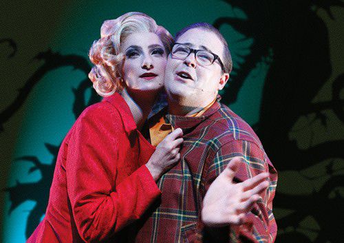 Esther Hannaford as Audrey 1 and Brent Hill as Seymour Krelborn in “Little Shop of Horrors”... “Love and power are the two main themes,” says Hill.