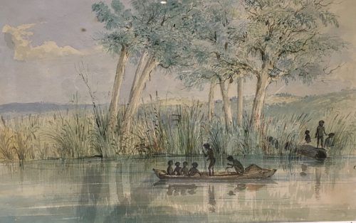 Spear and net fishing from a canoe and from the riverbank, from “Australian Aborigines, their implements and weapons,” detail, ST Gill 1845