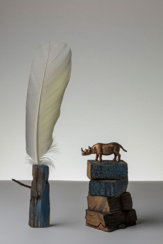Rosalind Lemoh ishelping to fight back with , A Horn and a Feather, 2015, Bronze, wood and cockatoo feather,  photograph by Damien Geary