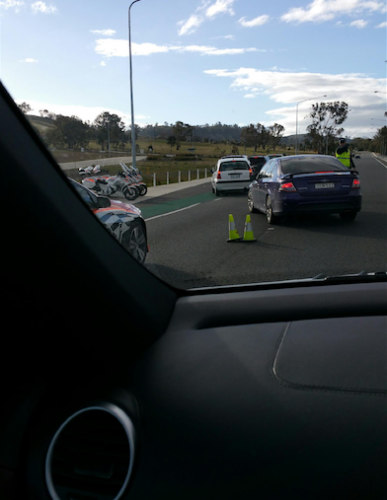 All clear ahead... the police RBT unit slowing traffic to a standstill on the Majura Parkway.