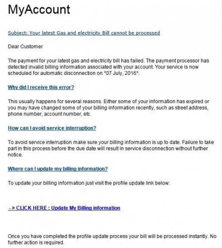 An example of the hoax email received by a customer