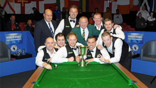 Steve Woods middle row, far wight) highlighted, with his triumphant teammates after winning in Blackpool. Photo by Martin Peach Photography, England