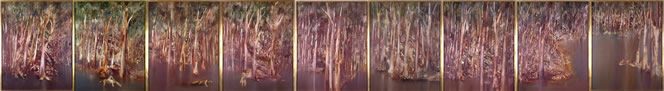 Sidney Nolan, Riverbend 1964-65, oil on board, nine panels. The Australian National University Collection