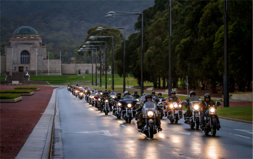Members of the Veterans Motorcycle Club ride down Anzac Parade in a scene from "Exit Wounds".   