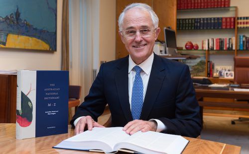 PM Malcolm Turnbull with his new dictionaries.