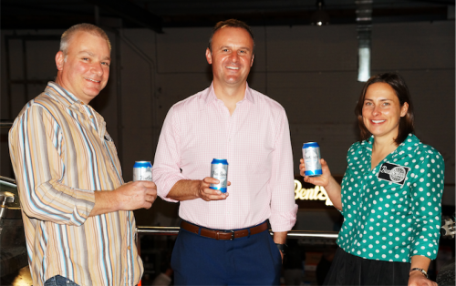 chief Minister Andrew Barr shares a can with brewery owner Richard Watkins, left, and Tracy Margrain at the launch of the BentSpoke-Cannery.