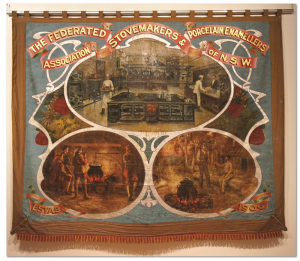 The Federated Stovemakers and Porcelain Enamellers Association of NSW created this banner in 1906, on loan from the Noel Butlin Archives. 